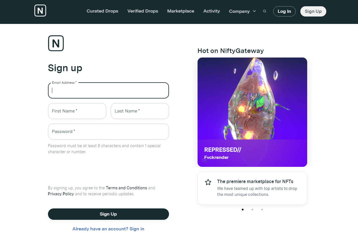 форма регистрации в Nifty Gateway