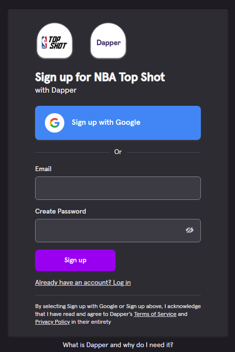 форма регистрации в NBA Top Shot