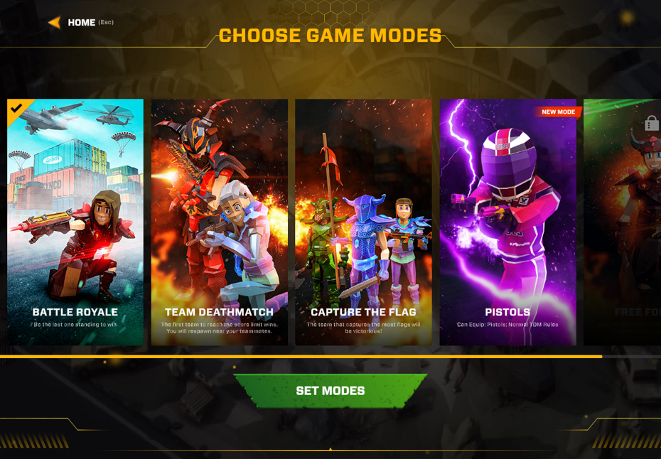 режимы в игре Battle Royale, Team Deathmatch, Capture the flag, Pistols