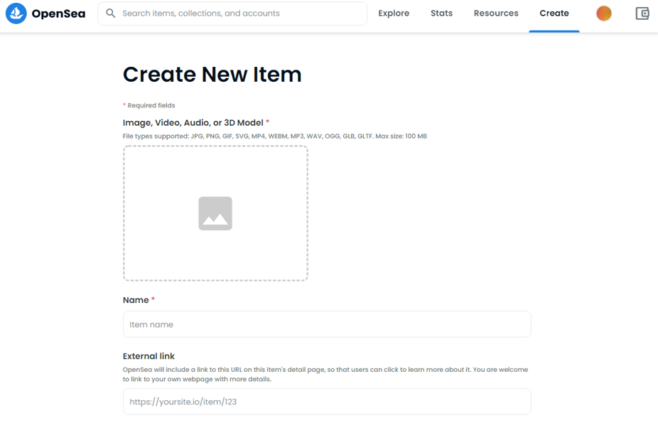 Create new item opensea