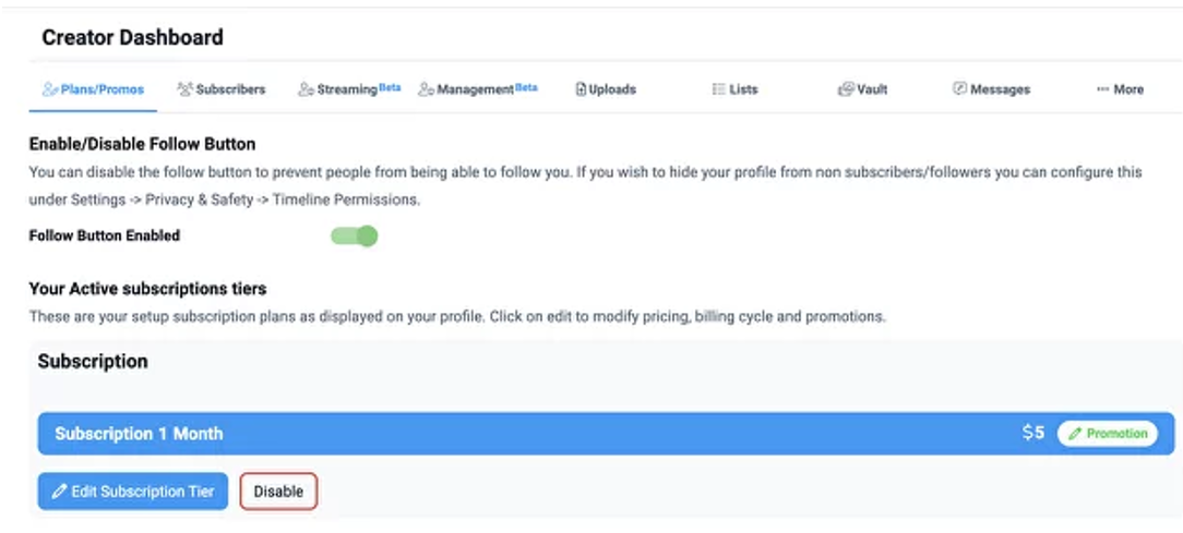 Creator Dashboard fansly