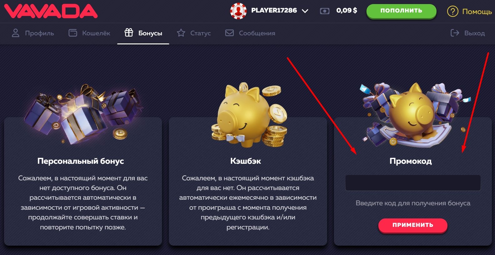 ввод промокода vavada